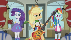 Size: 3410x1920 | Tagged: safe, imported from derpibooru, screencap, applejack, flam, flim, rainbow dash, rarity, a case for the bass, equestria girls, rainbow rocks, applejack's hat, bass guitar, belt, bracelet, brothers, clothes, cowboy hat, crossed arms, cutie mark on clothes, denim skirt, female, flim flam brothers, hairpin, hat, high res, jewelry, male, money, musical instrument, ponied up, siblings, skirt, smiling