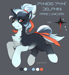 Size: 2104x2296 | Tagged: safe, artist:nightskrill, imported from derpibooru, oc, oc only, oc:pyxi delphini, pony, unicorn, chest fluff, compass rose, female, fluffy, mare, reference sheet, ribbon, stars