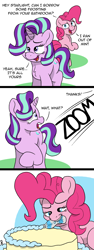 Size: 1018x2715 | Tagged: safe, artist:doodledonutart, imported from derpibooru, pinkie pie, starlight glimmer, earth pony, pony, unicorn, 3 panel comic, chest fluff, comic, female, mare, mouth hold, this will not end well, toothpaste