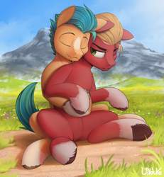 Size: 1847x2000 | Tagged: safe, artist:uliovka, imported from derpibooru, hitch trailblazer, sprout cloverleaf, earth pony, pony, cute, featureless crotch, g5, gay, grass, grass field, hitchsprout, hooves, hug, male, mountain, my little pony: a new generation, raised hoof, scenery, shipping, stallion