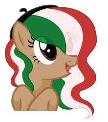 Size: 1002x1134 | Tagged: safe, artist:fioweress, imported from derpibooru, pony, beret, brown eyes, female, hat, italy, mare, multicolored mane, nation ponies, ponified, show accurate, simple background, solo, transparent background