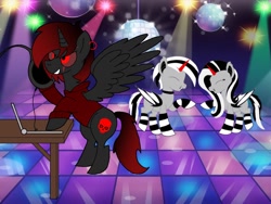 Size: 1024x768 | Tagged: safe, artist:icethebatpony, imported from derpibooru, oc, oc:dj zeb-3, oc:melody spotlight, oc:negative, alicorn, bat pony, bat pony oc, computer, dance floor, dancing, disco ball, having fun, laptop computer