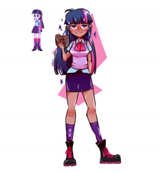 Size: 1641x1752 | Tagged: safe, artist:abery_art, imported from derpibooru, twilight sparkle, equestria girls, book, clothes, dark skin, female, full body, looking at you, screencap reference, skirt, solo