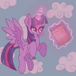 Size: 2048x2048 | Tagged: safe, artist:lynnpone, imported from derpibooru, twilight sparkle, alicorn, pony, aesthetics, book, book title humor, cloud, cute, eyelashes, female, flying, glowing, glowing horn, happy, high res, horn, implied princess celestia, magic, mare, open mouth, open smile, sky background, smiling, solo, spread wings, telekinesis, text, twilight sparkle (alicorn), wings