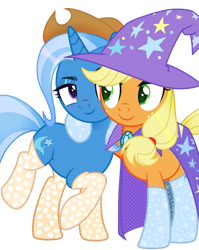 Size: 2361x2970 | Tagged: safe, artist:kellysweet1, artist:rerorir, imported from derpibooru, applejack, trixie, earth pony, pony, unicorn, accessory swap, applejack's hat, base used, bedroom eyes, cape, clothes, commission, cowboy hat, duo, duo female, eyeshadow, female, freckles, green eyes, hat, high res, hooves, horn, hug, looking at each other, looking at someone, makeup, mare, raised hoof, raised leg, shipping, simple background, smiling, socks, standing, transparent background, tripplejack, trixie's cape, trixie's hat