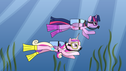 Size: 1920x1080 | Tagged: safe, artist:platinumdrop, imported from derpibooru, princess cadance, twilight sparkle, alicorn, pony, crepuscular rays, duo, duo female, female, flippers (gear), flowing mane, flowing tail, folded wings, horn, mare, missing accessory, ocean, pink eyes, purple eyes, request, scuba diving, scuba gear, seaweed, sisters-in-law, sunlight, swimming, tail, twilight sparkle (alicorn), underwater, water, wings