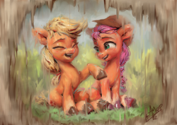 Size: 1200x850 | Tagged: safe, artist:assasinmonkey, imported from derpibooru, applejack, sunny starscout, earth pony, pony, applejack's hat, cowboy hat, cute, duo, female, g4, g5, hat, jackabetes, laughing, looking at someone, mare, my little pony: a new generation, open mouth, open smile, raised hoof, smiling, stetson, sunnybetes