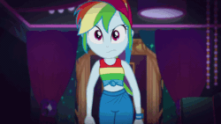 Size: 1920x1080 | Tagged: safe, edit, edited screencap, editor:roseluck, imported from derpibooru, screencap, rainbow dash, human, equestria girls, equestria girls series, spring breakdown, spoiler:eqg series (season 2), alternate hairstyle, animated, baseball cap, belly, cap, chair, clothes, cruise outfit, curtains, female, front knot midriff, gif, hat, indoors, it's coming right at us, loop, midriff, pants, ponytail, raised eyebrow, sleeveless, slowed down, solo, swaying hips, tanktop, walking, walking towards you, wristband
