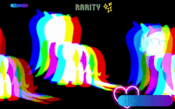 Size: 588x368 | Tagged: safe, artist:nitlynjane, imported from derpibooru, rarity, unicorn, animated, black background, cute, eyes closed, eyestrain warning, gif, gradient, heart, horn, open mouth, open smile, rainbow, raribetes, seizure warning, silhouette, simple background, smiling, stars, text, wet, wet mane, wet mane rarity, white silhouette