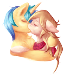 Size: 2480x2729 | Tagged: safe, artist:coco-drillo, imported from derpibooru, oc, oc only, oc:cocodrillo, oc:dex, earth pony, pony, unicorn, blushing, bust, caress, chest fluff, clothes, codex, couple, deep kissing, duo, ear blush, ear fluff, earth pony oc, embrace, eyes closed, floppy ears, high res, horn, hug, hugging a pony, kissing, messy mane, oc x oc, passionate, scar, scarf, shipping, simple background, unicorn oc, yellow background