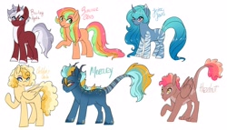 Size: 4096x2341 | Tagged: safe, artist:honeymantis, imported from derpibooru, oc, oc only, oc:bailey apple, oc:golden gala, oc:hazelnut, oc:jester jewel, oc:mercury, oc:summer citrus, hippogriff, hybrid, pony, draconequus hybrid, eye clipping through hair, eyebrows, eyebrows visible through hair, freckles, half-siblings, horns, interspecies offspring, magical lesbian spawn, offspring, parent:big macintosh, parent:discord, parent:fluttershy, parent:gilda, parent:pinkie pie, parent:rarity, parent:trixie, parents:flarity, parents:fluttermac, parents:gildapie, parents:rarimac, parents:trixcord, simple background, tongue out, white background