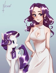 Size: 981x1280 | Tagged: safe, artist:neon-chan, imported from derpibooru, rarity, human, pony, unicorn, boob window, breasts, cleavage, clothes, cute, dress, ear piercing, earring, female, human ponidox, humanized, jewelry, piercing, raribetes, self paradox, self ponidox, solo