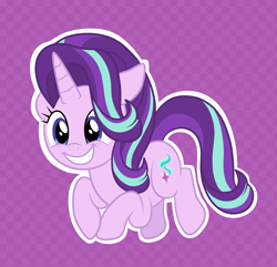 Size: 2830x2727 | Tagged: safe, artist:squipycheetah, imported from derpibooru, starlight glimmer, pony, unicorn, cute, female, floppy ears, glimmerbetes, grin, hair over one eye, happy, mare, outline, purple background, simple background, smiling, solo, weapons-grade cute, white outline