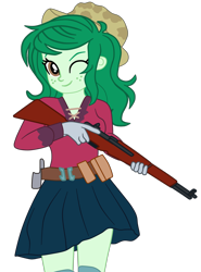 Size: 1817x2461 | Tagged: safe, artist:gmaplay, imported from derpibooru, wallflower blush, equestria girls, clothes, gun, m1 garand, music festival outfit, one eye closed, rifle, simple background, skirt, socks, solo, thigh highs, transparent background, weapon, wink