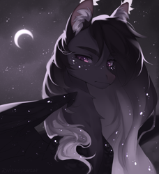 Size: 1656x1816 | Tagged: safe, artist:vitanistarcat, imported from derpibooru, oc, oc only, pegasus, pony, backlighting, crescent moon, ear fluff, ear tufts, freckles, limited palette, looking at you, moon, neck fluff, night, night sky, sky, solo