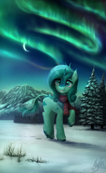 Size: 2200x3574 | Tagged: safe, artist:magfen, imported from derpibooru, oc, oc only, kirin, aurora borealis, clothes, scarf, smiling, snow, solo, tree