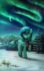 Size: 1200x1949 | Tagged: safe, artist:magfen, imported from derpibooru, oc, oc only, kirin, aurora borealis, clothes, scarf, smiling, solo