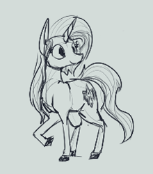 Size: 221x251 | Tagged: source needed, useless source url, safe, artist:firecracker, oc, oc only, pony, unicorn, aggie.io, female, horn, mare, monochrome, raised hoof, simple background, smiling, solo