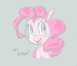 Size: 343x293 | Tagged: source needed, useless source url, safe, artist:hattsy, pinkie pie, earth pony, pony, aggie.io, dialogue, female, happy, hi anon, implied anon, mare, meme, open mouth, simple background, smiling, solo