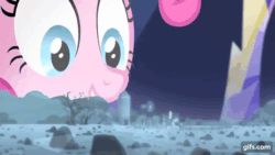 Size: 640x360 | Tagged: safe, imported from derpibooru, screencap, pinkie pie, spike, dragon, earth pony, pony, season 5, the cutie map, animated, barefoot, crying, cutie map, feet, female, floppy ears, gif, gifs.com, macro, male, mare, offscreen character, shrunken pupils, smiling, twilight's castle, wide eyes