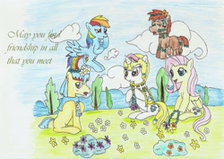 Size: 2296x1626 | Tagged: safe, artist:fameng, fluttershy, rainbow dash, oc, oc:eterne matins, oc:yipu glimmer, earth pony, pegasus, pony, unicorn, blushing, colored pencil drawing, flower, flying, open mouth, sitting, traditional art