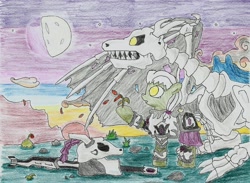 Size: 2212x1619 | Tagged: safe, artist:fameng, oc, oc only, earth pony, pony, bone, clothes, colored pencil drawing, flower, moon, night, night sky, raised hoof, skeleton, skull, sky, traditional art