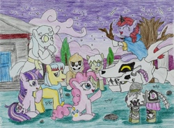 Size: 2212x1626 | Tagged: safe, artist:fameng, pinkie pie, twilight sparkle, oc, oc:naya vespers, oc:yipu glimmer, dragon, earth pony, ghost, pony, undead, unicorn, zombie, bone, eyes closed, necromancy, night, night sky, open mouth, raised hoof, skeleton, skull, sky, smiling, unicorn twilight