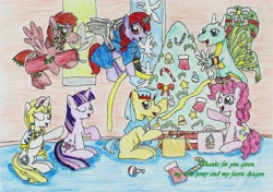 Size: 2198x1549 | Tagged: safe, artist:fameng, pinkie pie, twilight sparkle, oc, alicorn, dragon, earth pony, pony, unicorn, alicorn oc, christmas, christmas tree, colored pencil drawing, eyes closed, flying, holiday, horn, present, raised hoof, sitting, traditional art, tree, unicorn twilight, wings