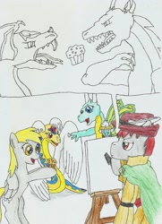 Size: 1570x2170 | Tagged: safe, artist:fameng, derpy hooves, oc, oc:ginkgo featherhat, oc:milouli, dragon, earth pony, pegasus, snake, colored pencil drawing, comic, easel, food, hat, muffin, painting, simple background, traditional art