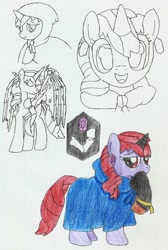 Size: 2219x3294 | Tagged: safe, artist:fameng, oc, oc only, pony, unicorn, cloak, clothes, colored pencil drawing, drawpile, open mouth, raisedhoof, simple background, smiling, traditional art