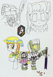 Size: 2297x3342 | Tagged: safe, artist:fameng, oc, oc only, earth pony, pony, armor, clothes, colored pencil drawing, drawpile, hat, raised hoof, simple background, smiling, sword, traditional art, weapon
