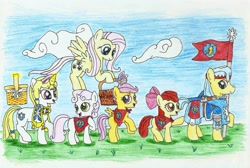 Size: 2303x1549 | Tagged: safe, artist:fameng, apple bloom, fluttershy, scootaloo, sweetie belle, oc, earth pony, pegasus, pony, unicorn, basket, cloud, colored pencil drawing, cutie mark crusaders, flag, headband, magic, open mouth, sky, smiling, traditional art, walking