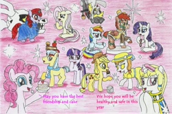 Size: 2226x1465 | Tagged: safe, artist:fameng, applejack, fluttershy, pinkie pie, rainbow dash, rarity, twilight sparkle, oc, dragon, earth pony, pegasus, pony, unicorn, apple, bone, book, cake, clothes, colored pencil drawing, food, glasses, hat, muffin, open mouth, paint, raised hoof, sitting, skeleton, smiling, stars, traditional art, unicorn twilight