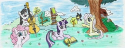 Size: 2310x897 | Tagged: safe, artist:fameng, fluttershy, octavia melody, pinkie pie, twilight sparkle, oc, bird, earth pony, pegasus, pony, unicorn, book, cello, cload, cloud, colored pencil drawing, flower, hat, musical instrument, open mouth, rose, sitting, sky, smiling, traditional art, tree, unicorn twilight, waving at you, winking at you
