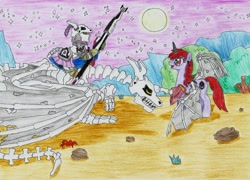 Size: 2177x1570 | Tagged: safe, artist:fameng, oc, oc only, alicorn, dragon, pony, alicorn oc, armor, bone, bowing, colored pencil drawing, eyes closed, horn, moon, night, night sky, open mouth, skeleton, sky, smiling, stars, traditional art, wings