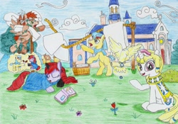 Size: 2185x1528 | Tagged: safe, artist:fameng, oc, oc only, earth pony, pegasus, pony, unicorn, church, cloak, clothes, clothes line, cloud, colored pencil drawing, dream, eyes closed, flower, flying, open mouth, sitting, sky, sleeping, smiling, traditional art