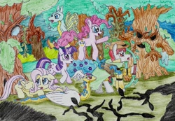 Size: 2198x1521 | Tagged: safe, artist:fameng, fluttershy, pinkie pie, twilight sparkle, oc, dragon, pegasus, pony, snake, unicorn, colored pencil drawing, hat, jumping, open mouth, raised hoof, scared, traditional art, tree, unicorn twilight