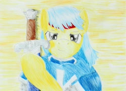 Size: 2189x1587 | Tagged: safe, artist:fameng, oc, oc only, earth pony, pony, clothes, colored pencil drawing, headband, simple background, smiling, sword, traditional art, weapon