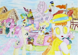 Size: 2296x1612 | Tagged: safe, artist:fameng, derpy hooves, fluttershy, pinkie pie, oc, earth pony, pegasus, pony, unicorn, colored pencil drawing, cookie, flag, flower, flying, food, hat, mail, open mouth, ponyville, raised hoof, sky, smiling, statue, sweat, traditional art, walking