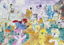 Size: 2319x1639 | Tagged: safe, artist:fameng, applejack, fluttershy, pinkie pie, twilight sparkle, oc, dragon, earth pony, ghost, pony, undead, unicorn, zombie, bone, cloak, clothes, colored pencil art, headband, night, night sky, one eye closed, open mouth, skeleton, sky, smiling, traditional art, unicorn twilight, wink