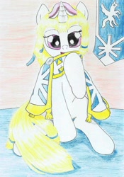 Size: 1592x2272 | Tagged: safe, artist:fameng, oc, oc only, oc:eterne matins, pony, unicorn, clothes, colored pencil drawing, sitting, traditional art