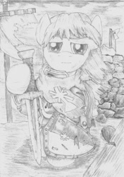 Size: 820x1164 | Tagged: safe, artist:fameng, oc, oc only, oc:yipu glimmer, earth pony, pony, monochrome, shield, sword, traditional art, weapon