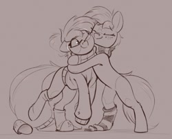 Size: 1149x928 | Tagged: safe, artist:rexyseven, oc:rusty gears, oc:whispy slippers, earth pony, pony, clothes, eyes closed, glasses, hug, monochrome, scarf, simple background, smiling, socks, sweater