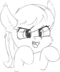 Size: 1190x1414 | Tagged: safe, artist:zippysqrl, bat pony, pony, fangs, monochrome, open mouth, simple background, sketch, smiling, tongue out