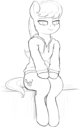 Size: 2086x3266 | Tagged: safe, artist:zippysqrl, earth pony, pony, clothes, monochrome, simple background, sitting, smiling, sweatshirt