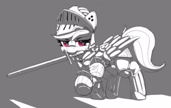 Size: 3453x2179 | Tagged: safe, artist:pabbley, imported from derpibooru, rainbow dash, pegasus, pony, armor, dark souls, female, helmet, mare, mouth hold, neo noir, partial color, raised hoof, solo, sword, weapon