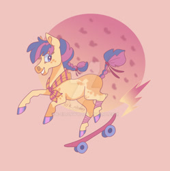 Size: 1600x1606 | Tagged: safe, artist:animagicworld, artist:k-eilonwy, imported from derpibooru, scootaloo (g3), earth pony, pony, ascot, colored hooves, deviantart watermark, g3, obtrusive watermark, skateboard, solo, watermark