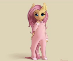 Size: 4096x3442 | Tagged: safe, artist:miokomata, imported from derpibooru, fluttershy, pegasus, semi-anthro, clothes, colored hooves, cute, footed sleeper, footie pajamas, freckles, freckleshy, looking at you, onesie, pajamas, shyabetes, simple background, solo, tan background, weapons-grade cute