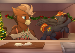 Size: 2700x1900 | Tagged: safe, artist:snowstormbat, imported from derpibooru, oc, oc only, oc:digidash, oc:grimvale, griffon, pegasus, pony, birb, christmas, claws, cooking, duo, duo male, eyebrows, eyebrows visible through hair, flying, food, garlands, gay couple, griffon oc, high res, holiday, kitchen, male, pegasus oc, smiling, stallion