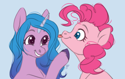 Size: 1314x830 | Tagged: safe, artist:flazeflower, imported from derpibooru, izzy moonbow, pinkie pie, earth pony, pony, unicorn, blue background, colored sketch, duo, duo female, female, g4, g4 to g5, g5, grin, looking at each other, looking at someone, mare, simple background, smiling, smiling at each other, tongue out